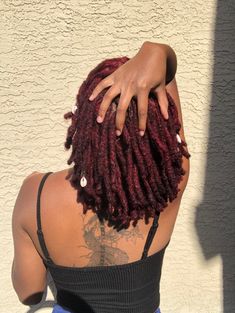 Red Dyed Locs Black Women, Wine Locs Black Women, Black Cherry Locs, Red Loc Extensions, Dark Red Locs Men, Dark Orange Locs, Maroon Locs Black Women