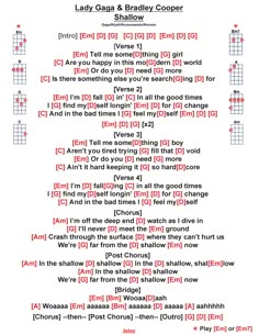 the guitar chords for lady grace and bradley cooper's song, which is written in red