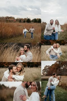 a man and woman are hugging in a field