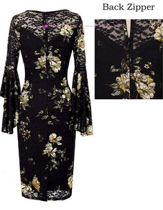 This is a gorgeous brand new petite size dress. It has a scoop neck, three quarter bell sleeves, slim fit, and a concealed back zipper closure. It has an inner polyester lining and is knee length. Elegant Long Sleeve Floral Bodycon Dress, Fitted Floral Print Bell Sleeve Dresses, Fitted Floral Print Dress With Bell Sleeves, Elegant Floral Print Dress With Bell Sleeves, Elegant Stretch Floral Print Bodycon Dress, Fitted Bodycon Dress With Bell Sleeves, Elegant Stretch Bodycon Dress With Floral Print, Fitted Floral Print Dresses With 3/4 Sleeves, Black Suits