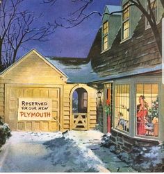 a painting of a store front in the snow