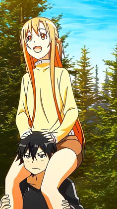 an anime scene with two people sitting on one another's shoulders and trees in the background