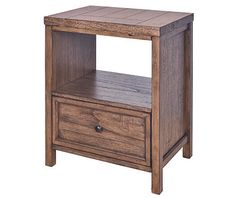 a wooden night stand with two drawers on one side and an open drawer on the other