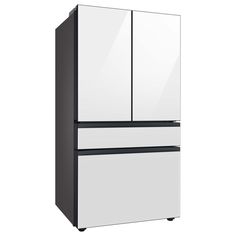 a white and black refrigerator freezer sitting next to each other