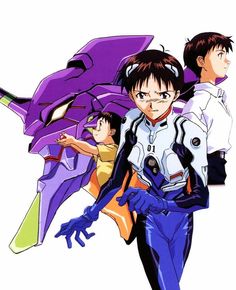 an anime character with two other characters in front of him and one is holding a giant purple dragon