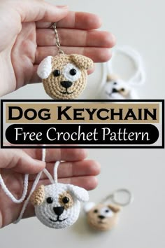 a crocheted dog keychain is being held by someone's hand