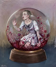 a painting of a woman in a white dress inside a snow globe with red flowers