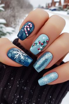 61 Stunning Blue Christmas Nail Ideas for 2024 Gel Nail Designs December, Cute Blue Christmas Nails, Christmas Nails 2023 Trends Blue, Nail Designs Christmas Holiday, Blue Reindeer Nails, Retro Christmas Nails, Blue Christmas Nails Winter Sparkle, Christmas Nails 2024, Deer Nail Designs Hunting Season