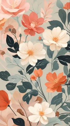 an abstract floral wallpaper with pink, orange and white flowers