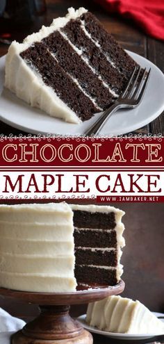 a chocolate cake with white frosting on a plate and the words, chocolate maple cake