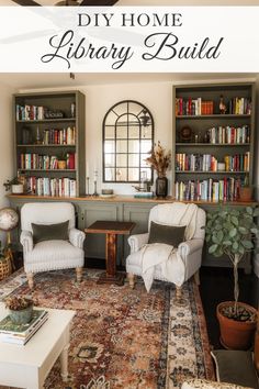 a living room with bookshelves and two chairs in front of the couches