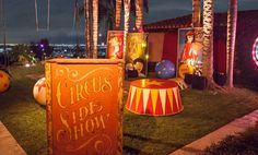 circus signs and lights on display in the grass at night with palm trees behind them