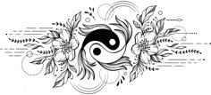 an artistic tattoo design with flowers and yin - yang symbol in the center, on a white background