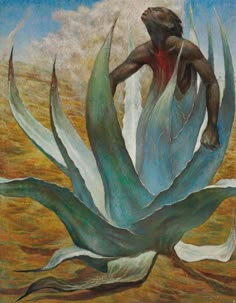 a painting of a man standing on top of a giant plant with long, green leaves