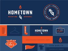 two different logos for homeown printing and carpeting, one with an orange and blue background