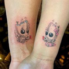 two small tattoos on the arms of girls with little baby groote and rocket