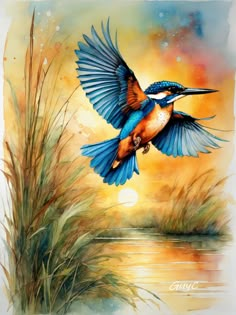 a painting of a blue bird flying over water with its wings spread out and it's body in the air