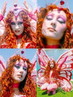 three pictures of a woman with red hair and butterfly wings