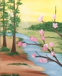 a painting with pink flowers on the water and trees in the foreground, along with yellow sky