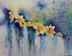 watercolor painting of yellow daffodils on blue and purple background with drips