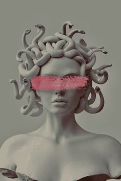 a woman's head is covered in snakes and pink tape