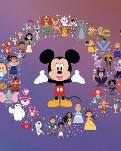 mickey mouse surrounded by many disney characters and their names in a circle on a purple background