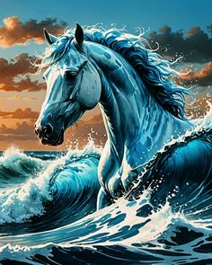 a painting of a white horse running through the ocean at sunset with waves crashing around it