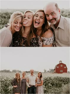 four people posing for a photo in front of a barn and an image of the same family