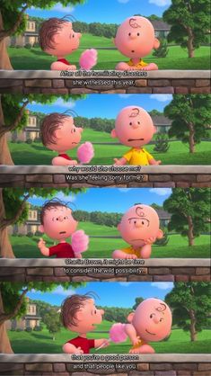 the peanuts movie is shown in three different frames, one with an image of two children and