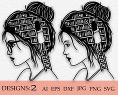 two women's heads with books on them and the words designs 2 eps dxf