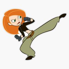 an orange haired woman in green pants and black shirt is flying through the air with her hands on her hips