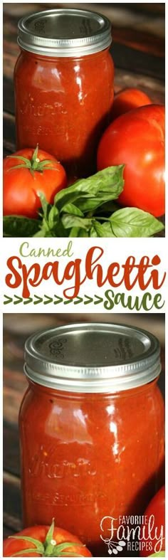 two pictures of canned spaghetti sauce in mason jars with tomatoes and basil on the side