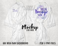 "**IMPORTANT - READ FIRST** This is a digital mockup file. This is NOT a physical item that would be printed and shipped. This is a file that allows shop owners to showcase their products. This listing is a mock-up that features the front and back of a satin kimono robe with lace edges shown in a flat lay view. Give a professional touch to your bridesmaid robe designs without the hassle of photographing each one. Our template is ready to use, simply add in your own art files and background. Down Lace Edges, Affinity Photo, Satin Kimono, Clipping Masks, Bridesmaid Robes, Lace Edging, Mock Up, Silhouette Studio, Your Image