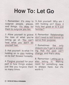 a piece of paper that has been written in red and black with the words how to let go on it