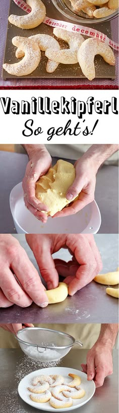 the process to make vanilla butter cookies is shown in three different pictures, including one being spread