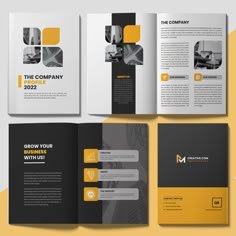 an open brochure with yellow and black accents on the front, side and back pages