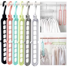 the clothes hangers are organized in different colors