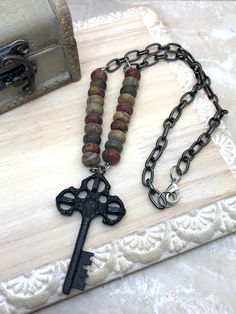 Key Jewelry Diy, Skeleton Key Jewelry, Pink Zebra Jasper, Key Diy, Key Crafts, Key Collection, Leopard Skin Jasper, Black Skeleton, Skeleton Key Necklace