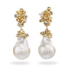 Pearl Drops with Grey Diamonds and Barnacles by Ruth Tomlinson, handmade in London Diamond Fashion Jewelry, Golden South Sea Pearls, Grey Diamond, Handcrafted Earrings, Diamond Fashion, Pearl Drop, Baroque Pearls, White Diamonds