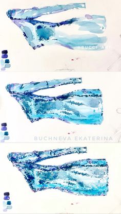 three different images of blue and white watercolors, each with the same color