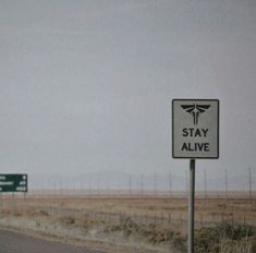 a street sign that says stay alive next to a highway