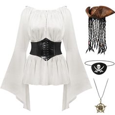 a woman wearing a white shirt and black belted corset with pirate accessories