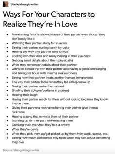 a poster with the words, ways for your characters to reallyize they're in love