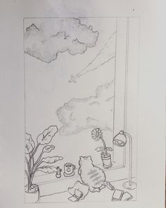 a black and white drawing of a bear looking out a window at the clouds outside