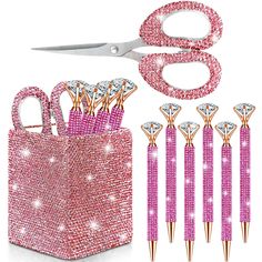 PRICES MAY VARY. Comprehensive Package: you will receive 1 desk pen holder, 1 bling scissors, and 6 bling pens; The comprehensive set provides all you need for a well organized and glamorous workspace; The quality rhinestones attached to these items sparkle consistently, enhancing the aesthetic appeal all the day long Exquisite Design: these glitter desk accessories boast a stunning pink AB color that adds a sophisticated touch to your workspace; The rhinestone pens display a stylish shine, attr Rhinestone Organization, Aesthetic Scissors, Diy Rhinestone Pen, Pink Bags With Pen Slots For Personal Use, Rhinestone Pens Pattern, Bling Pens, Bedazzled Cartridge Pen, Rhinestone Pens, Pencil Holders For Desk