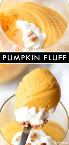 pumpkin fluff in a glass with a spoon full of pudding and whipped cream on top