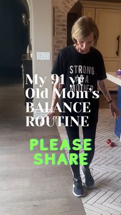 a woman standing in front of a refrigerator with the words, my 19 year old mom's balance routine please share