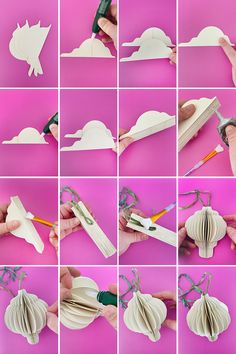 the steps to make an origami bird with paper and scissors on pink background