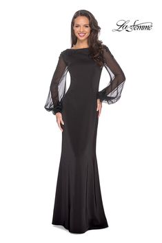 La Femme 25045 Chic and modern long black jersey gown with sheer long sleeves. Embellished shoulders and sleeve cuffs take this dress to the next level. Back zipper closure SIZE 0 2 4 6 8 10 12 14 16 BUST 33 34 35 36 37 38 40 42 44 WAIST 25 26 27 28 29 30 32 34 36 HIPS 36 37 38 39 40 41 43 45 47 LENGTH 60 60 60 60 60 60 60 60 60 Long Black Evening Dress, Conservative Dresses, Long Sleeve Sheath Dress, Mother Of Groom Dresses, Black Evening Dresses, Mothers Dresses, Black Jersey, Mother Of The Bride Dress, Bride Style