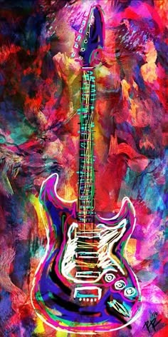 an electric guitar painted in bright colors